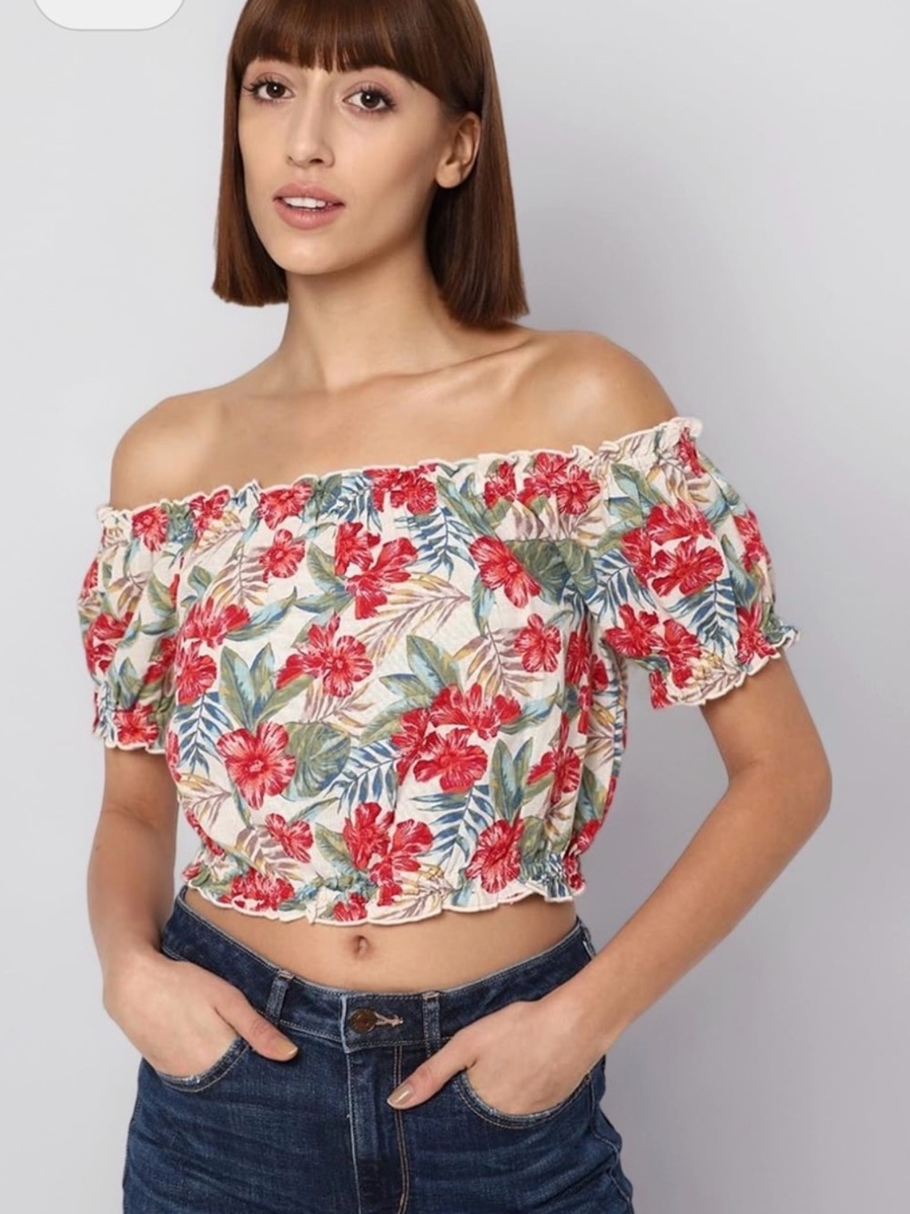 AE linen cotton blend Cream Off-Shoulder Floral Crop Top with Red Flowers resort